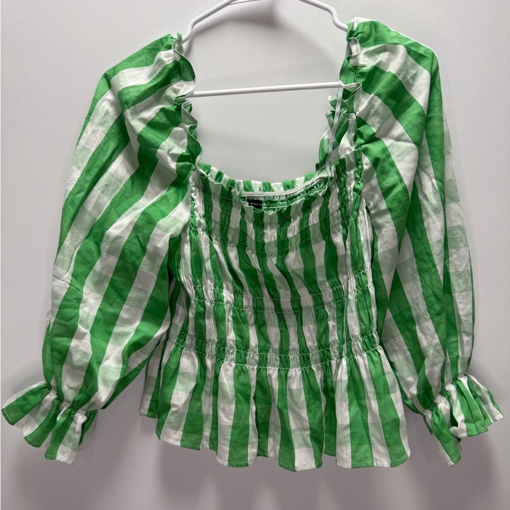 Who What Wear Green and White Striped Peasant Blouse